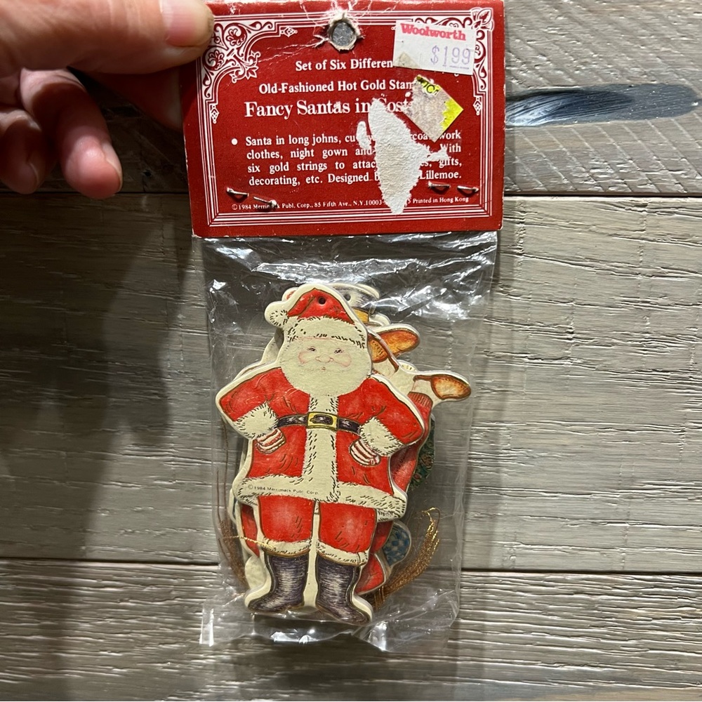 V TG Old Fashioned Gold Stamped Fancy Santas In Costumes‎ Ornaments Set Of 6 NOS